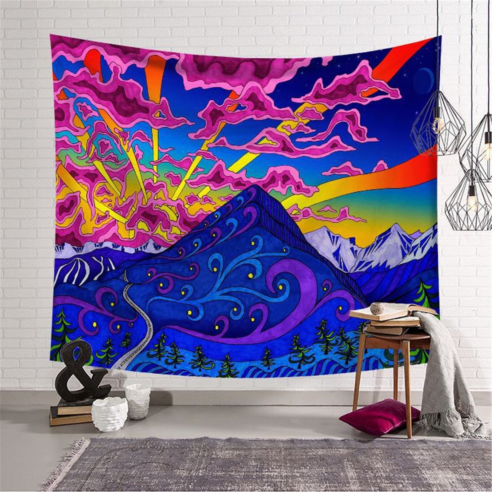 Trippy Mountain Tapestry Psychedelic Sunrise Tapestry Wall Etsy