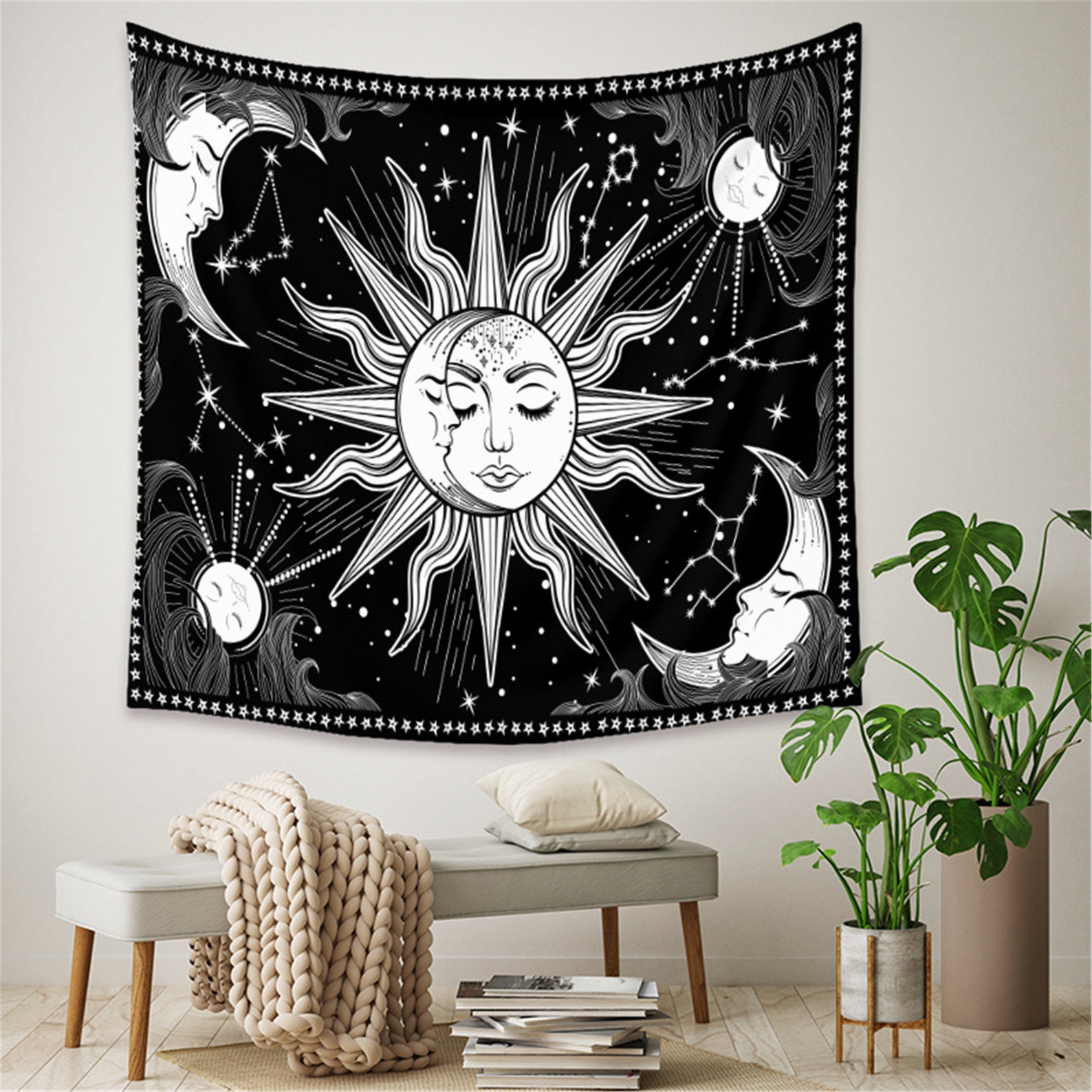 Psychedelic Sun And Moon Tapestry Fantasy Tapestry Burning Etsy