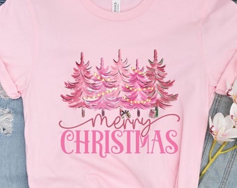 Pink christmas tree shirt, merry christmas t-shirt, retro xmas tree shirt, christmas vibes only, this the season tee, cute pink xmas tree
