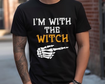 I'm with the witch funny halloween couples t-shirt, halloween mens lazy custome, party custome tee, skull hand shirt, scary halloween shirt
