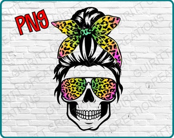 Messy bun mom life skull leopard rainbow png clear background | png sublimation file