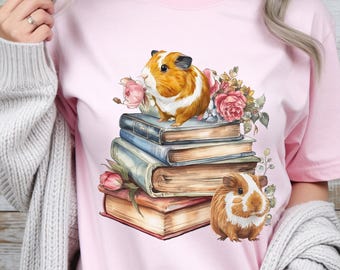 Guinea Pig Book Lover Shirt, Adorable Cavy Pet Graphic Tee, Cute Reading Tee for Bookworms, Guinea Pig Mom Gift, Cottagecore Pets Shirt