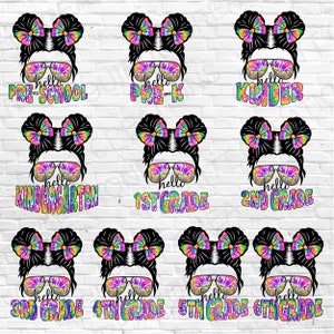 May include: A collection of colorful graphic designs featuring a woman with a messy bun, sunglasses, and a tie-dye bow. Each design has a different grade level, including Pre-School, Pre-K, Kindergarten, and grades 1st through 6th.