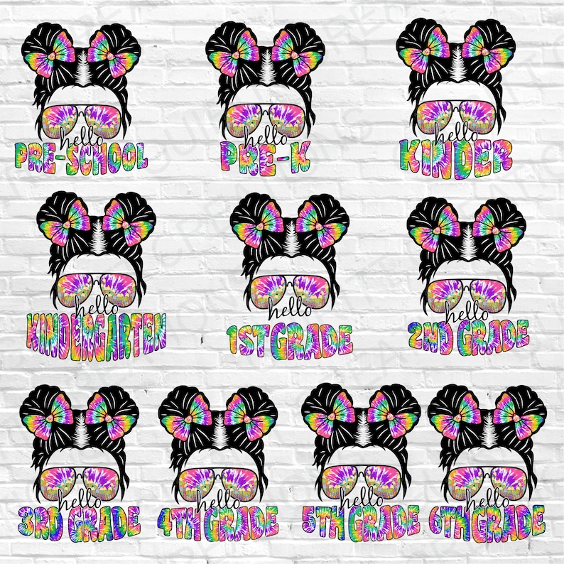 May include: A collection of colorful graphic designs featuring a woman with a messy bun, sunglasses, and a tie-dye bow. Each design has a different grade level, including Pre-School, Pre-K, Kindergarten, and grades 1st through 6th.