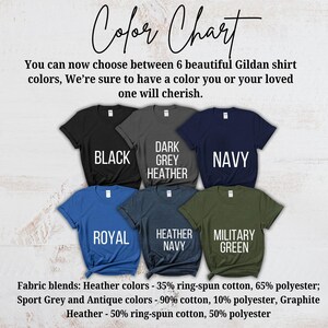 May include: Color chart showing six different Gildan t-shirt colors: black, dark grey heather, navy, royal, heather navy, and military green. Fabric blends: Heather colors - 35% ring-spun cotton, 65% polyester; Sport Grey and Antique colors - 90% cotton, 10% polyester, Graphite Heather - 50% ring-spun cotton, 50% polyester.
