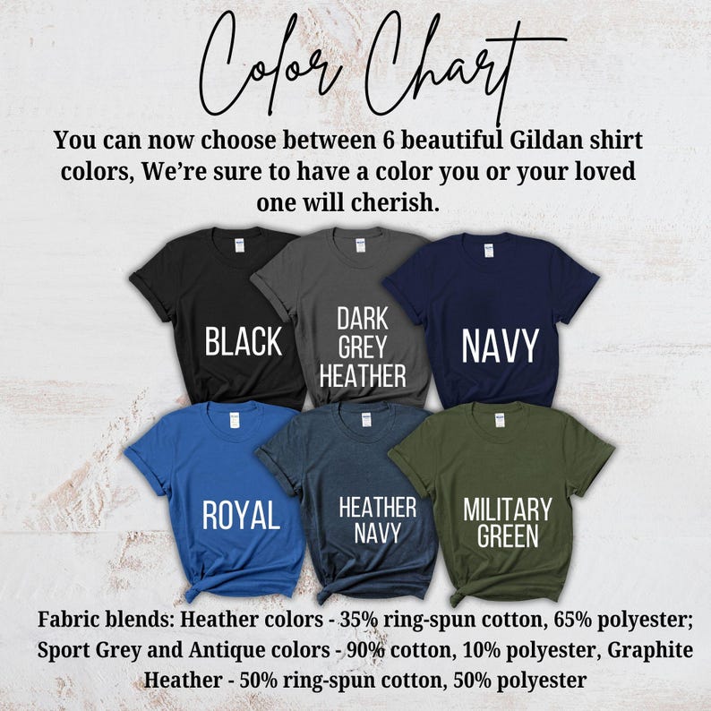 May include: Color chart showing six different Gildan t-shirt colors: black, dark grey heather, navy, royal, heather navy, and military green. Fabric blends: Heather colors - 35% ring-spun cotton, 65% polyester; Sport Grey and Antique colors - 90% cotton, 10% polyester, Graphite Heather - 50% ring-spun cotton, 50% polyester.