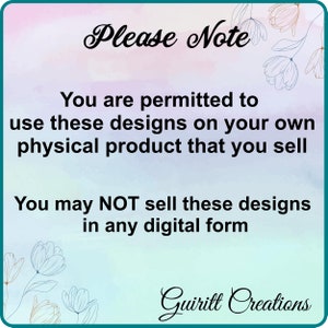 May include: A digital graphic with a watercolor background in shades of pink, blue, and green. The text "Please Note" is at the top, followed by usage guidelines. The Guiritt Creations logo is at the bottom.