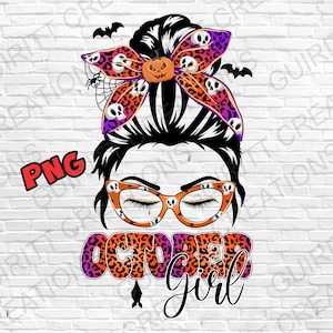 May include: A digital design featuring a woman with a black bun, wearing glasses with skull details, and a leopard print headband with a pumpkin and skulls. The text "October Girl" is written in a pink, orange, and black leopard print font.