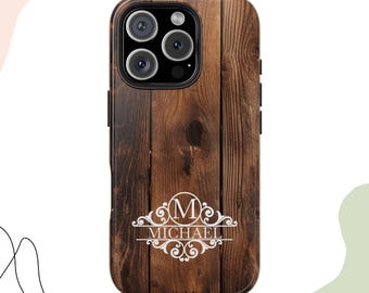 Personalized Name Monogram Tough Phone Case, Custom Gift for Him, Rustic Wood Graphic Phone Cover, Unique Wood Like Print Phone Case
