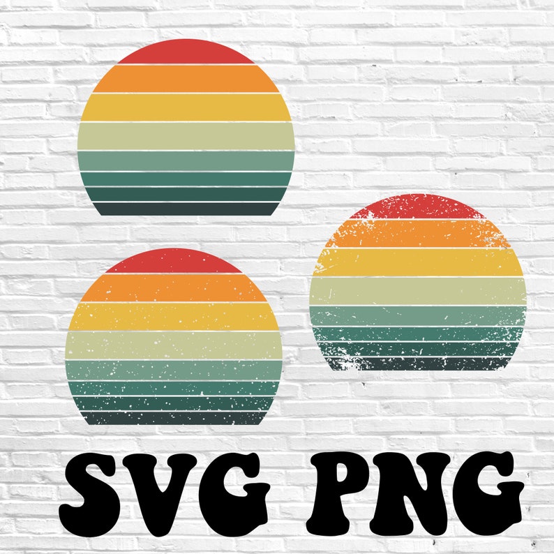 May include: Three retro-style circular designs with horizontal stripes in shades of red, orange, yellow, green, and blue. The bottom of the image features the text "SVG PNG" in a bold, retro font. The designs are set against a white brick wall.