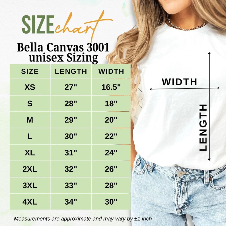 May include: A size chart for Bella Canvas 3001 unisex sizing, with measurements in inches. The chart includes sizes XS to 4XL, with corresponding length and width dimensions. The image also shows a person wearing a white t-shirt.
