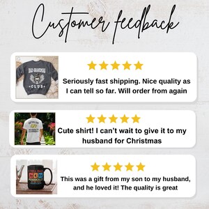 May include: Three customer reviews for a clothing and home goods store. The first review is for a gray sweatshirt with the text "Bad Grandmas Club" and a skull graphic. The second review is for a white t-shirt with the text "Softball Dad" and a baseball graphic. The third review is for a black mug with the text "I Tell Dad Jokes Periodically".