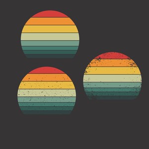 May include: Three retro-style sunset designs in a circular shape. Each sunset features horizontal stripes in shades of red, orange, yellow, teal, and green. The designs have a distressed, vintage look, perfect for apparel or graphic design projects.