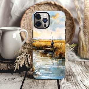 Aquarell Fischer Landschaft Handyhülle, Fliegenfischen Handyhülle, Sport Angeln Handyhülle, Handy Zubehör Papa Geburtstagsgeschenk