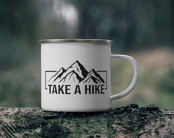 Cute outdors enamel mug, fun hiking coffee stainless steel mug, camping steel mug, coffee in the mountains mug, nature lovers mug,