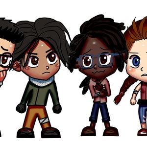 May include: Four cartoon characters, two male and two female, with different skin tones and hairstyles. They are all wearing casual clothing and have large eyes.