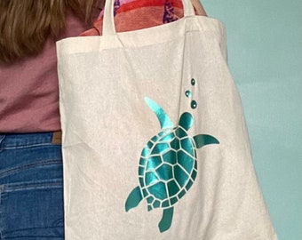 Sea turtle tote bag | shimmery teal sea turtle design | fun tote bag | beach bag | reusable grocery bag | eco friendly | lightweight