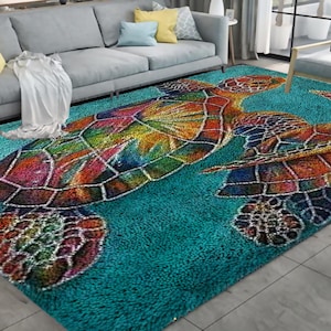Latch Hook Rug Kits Embroidery DIY Sea Turtle Pattern Crochet Needlework Crafts for Adults and Kids Beginners
