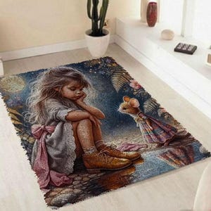 Kit de alfombra de ganchillo con diseño de niña y ratón, kit de alfombra para hacer tú mismo, kit de alfombra sin terminar, cojín de hilo, alfombra bordada, imagen