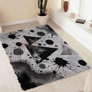 Black Ink Splash Geometric Triangle Latch Hook Kit, Modern Abstract DIY Rug Craft Set