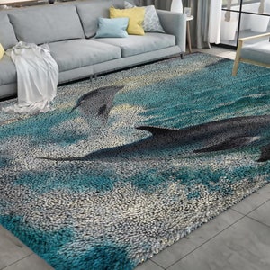 Dolphins Lock Hook Rug Kit Lock Hook DIY Crochet Yarn Rug Craft Kit with Colorful Preprinted Pattern Designs for Adult Kids