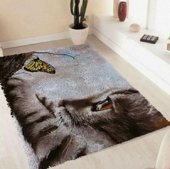 N.LANSHAN DIY Knüpfteppich Set 80x115cm - Mit Katze & Schmetterling Motiv