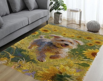 Latch Hook Kit Dogs And Flowers Unfinished Crocheting Rug Yarn Cushion Embroidery Carpet Picture