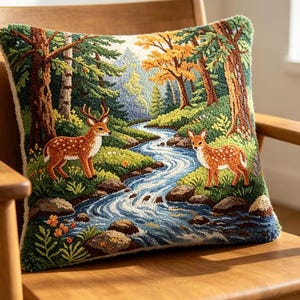 May include: A square throw pillow featuring a detailed needlepoint scene of a forest landscape with a winding blue stream, two spotted deer, tall pine trees, and lush green foliage in shades of brown, yellow, and vibrant green.