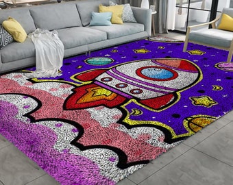 Kit de alfombra con gancho de pestillo de cohete de dibujos animados, bordado artesanal