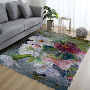 Watercolor Wild Roses & Daisies Latch Hook Rug Kit, Soft Muted Floral DIY Hook Rug Pattern, Vintage Botanical Fiber Home Decor