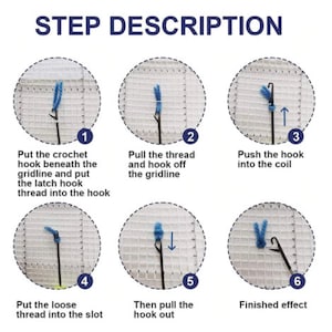 May include: A six-step guide on how to use a crochet hook to create a loop in a grid. The steps are illustrated with close-up images of the process.
