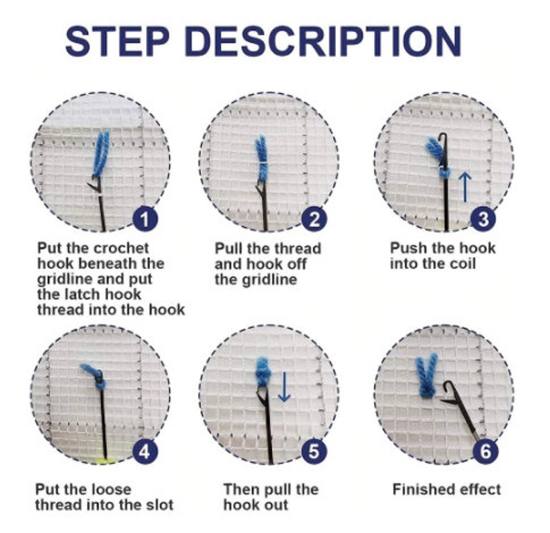 May include: A six-step guide on how to use a crochet hook to create a loop in a grid. The steps are illustrated with close-up images of the process.