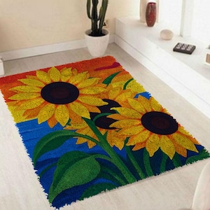 Sunflower Sunset Latch Hook Rug Kit, Pre Printed Canvas, Floral DIY Craft for Home Decor