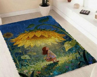 Alfombra de ganchillo con girasoles, dibujo de niña, costura, manualidades DIY