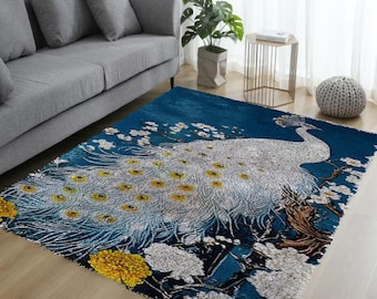 Peacock Latch Hook Kit: DIY Needlework Carpet for Adults/Kids