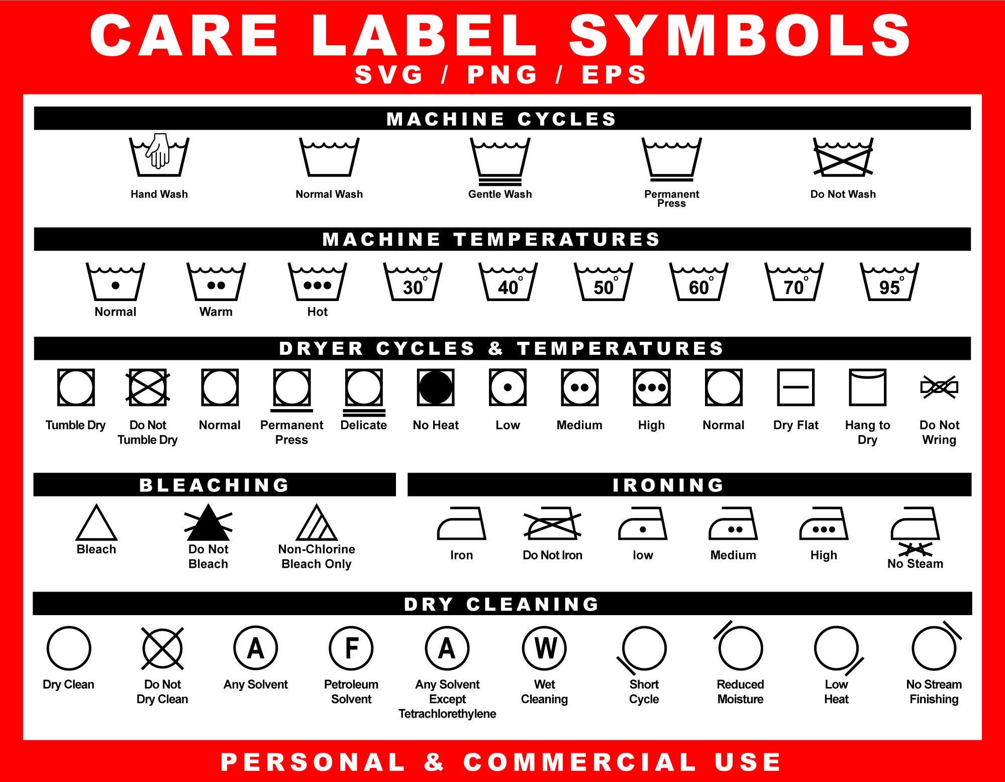 Laundry Care Symbol Icons Set Digital Icons Commercial Use PNG Etsy UK