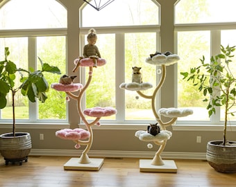 Torre rascador para gatos de madera con diseño floral EDEN CLOUD, árbol trepador moderno de madera para gatos, mueble grande para gatos, regalo para gatos, condominio de lujo para gatos, muebles modernos para gatos