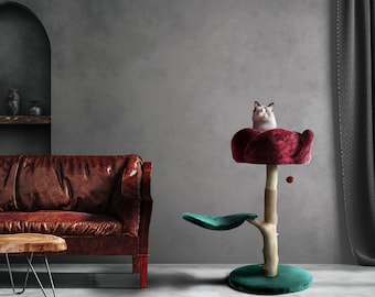 Houten kattenkrabpaal, houten kattentoren, modern kattenhuis, kattenmeubels, kattencadeau, luxe kattenflat, bloemenkrabpaal, maat XL