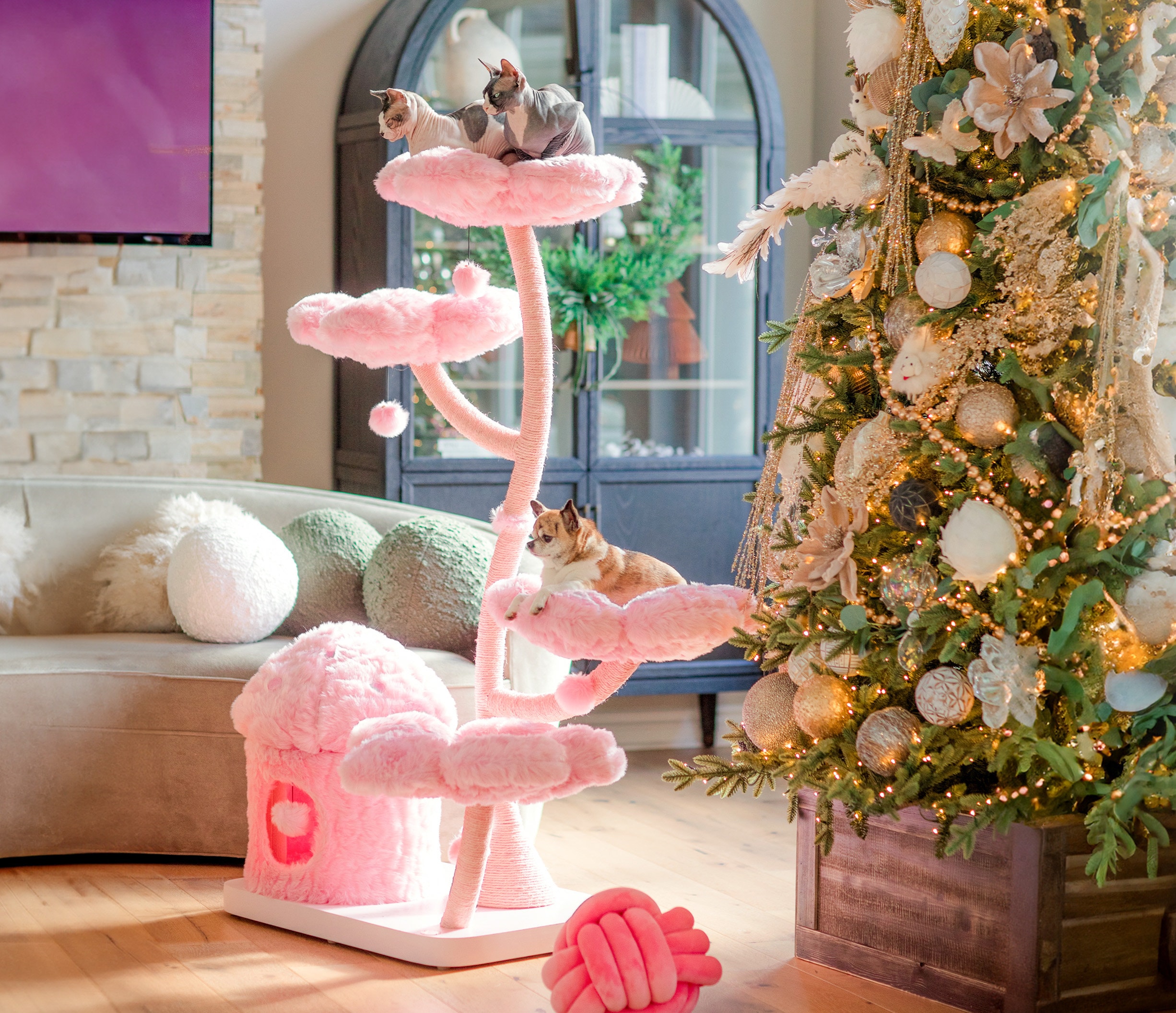Wood Floral Cat Tree Tower, Wooden Cat Tower, Modern Cat Climbing