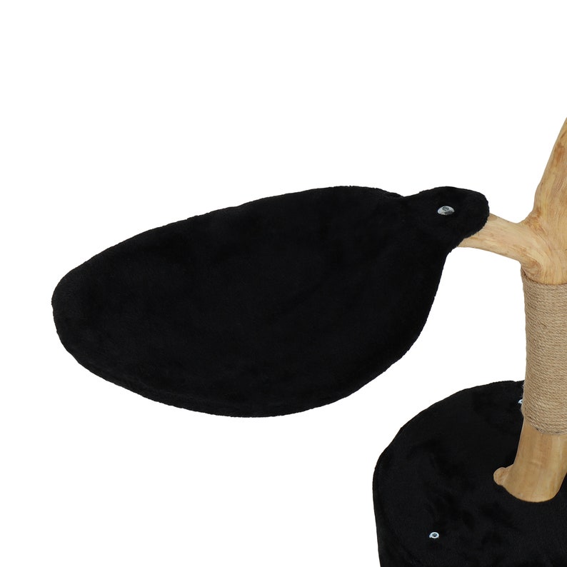 May include: A black cat tree platform with a soft, plush surface. The platform is attached to a wooden branch with a rope-covered base.