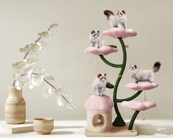 EDEN Wood Floral Cat Tree Tower, Wooden Cat Tower, Modern Cat Climbing Tree, Cat Furniture, Cat Gift, Luxury Cat Condo, Flower Cat Tree