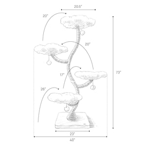 May include: A sketch of a cat tree with multiple cloud-shaped platforms and dangling toys. The tree is 73 inches tall, with a 40-inch base. The top platform is 20.5 inches wide, and the other platforms are 20, 17, and 26 inches wide.