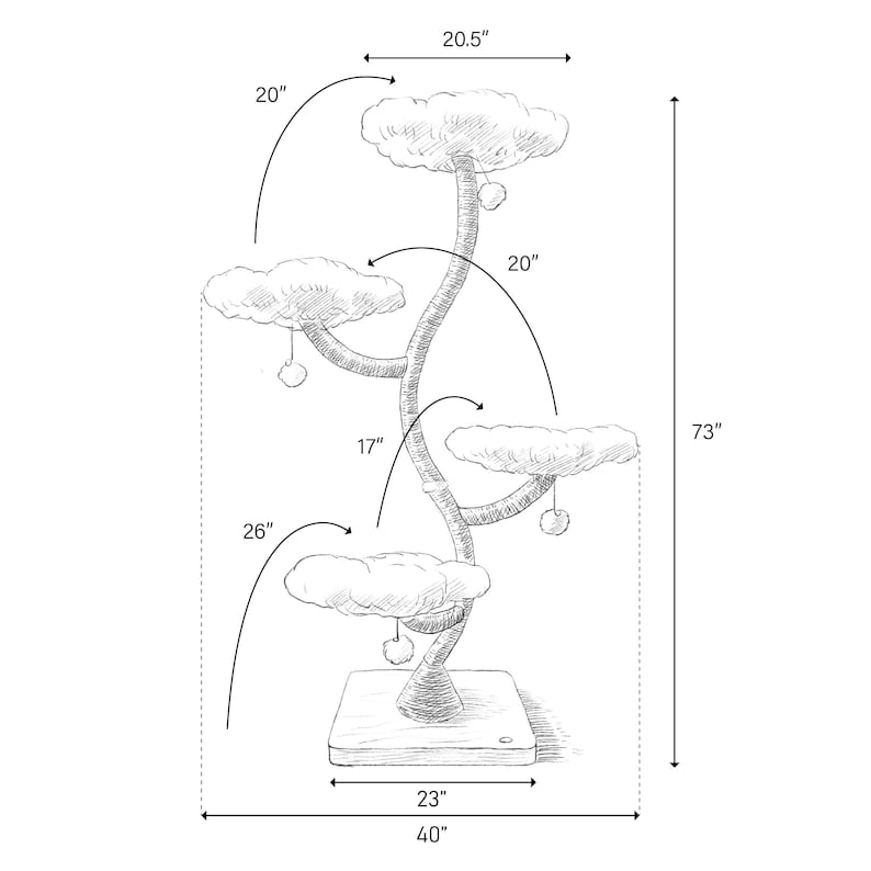 May include: A sketch of a cat tree with multiple cloud-shaped platforms and dangling toys. The tree is 73 inches tall, with a 40-inch base. The top platform is 20.5 inches wide, and the other platforms are 20, 17, and 26 inches wide.