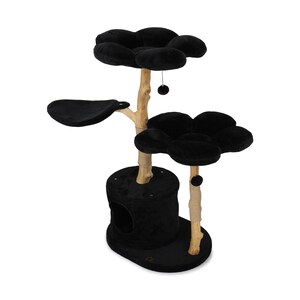 May include: Black cat tree with three platforms shaped like flowers. The platforms are covered in soft black fabric. The tree has a natural wood base and posts with sisal rope wrapping.
