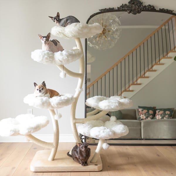 HEXAFLORA houten bloemen krabpaal toren, houten kattentoren, moderne kattenklimboom, kattenmeubels, kattencadeau, luxe kattenflat, bloemenkrabpaal