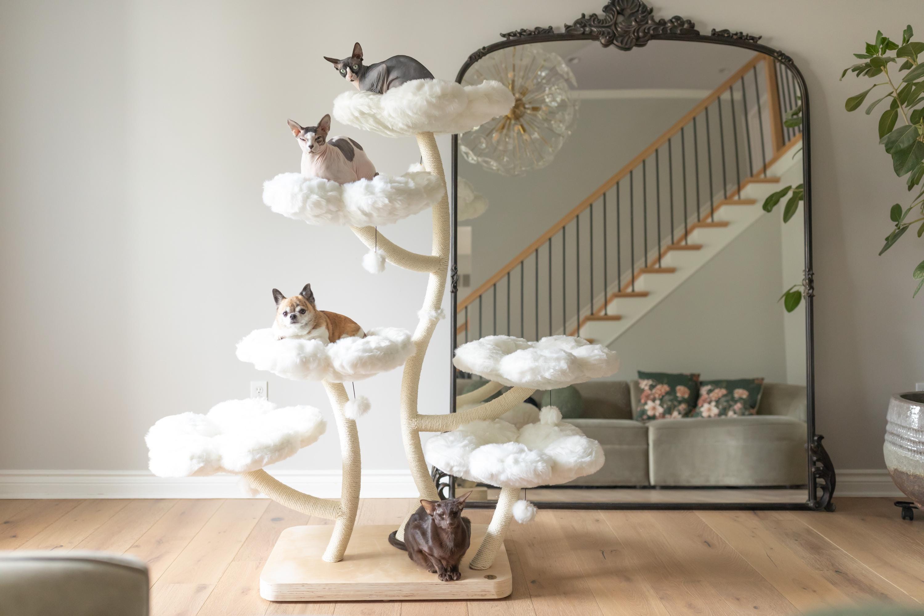 HEXAFLORA Wood Floral Cat Tree Tower, Wooden Cat Tower, Modern Cat