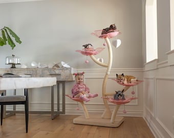 木製フローラルキャットツリータワー、木製キャットタワー、モダンなキャットクライミングツリー、キャット家具、キャットギフト、高級キャットコンドミニアム、フラワーキャットツリー、CB