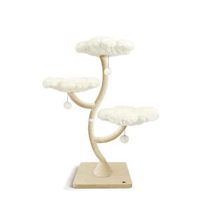 May include: A cat tree with three cloud-shaped platforms and a sisal-wrapped trunk. The platforms are covered in soft, white faux fur. The base is a light-colored wooden square. Small, white pom-poms hang from the platforms.