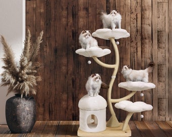 EDEN Wood Floral Cat Tree Tower, Wooden Cat Tower, Modern Cat Climbing Tree, Cat Furniture, Cat Gift, Luxury Cat Condo, Flower Cat Tree, CPB