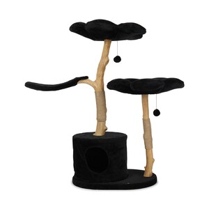 May include: Black cat tree with three platforms, a scratching post, and a hideaway. The platforms are covered in black plush fabric and the scratching post is wrapped in sisal rope.